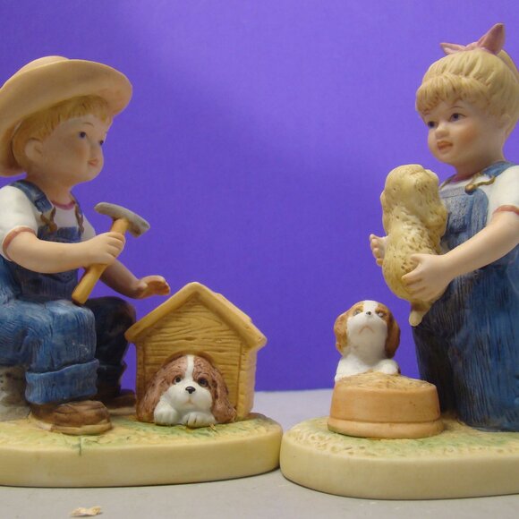 Pair of HOMCO Denim Days Figurine Set #1503 Puppy Love 1985 Home Interiors - Picture 12 of 16